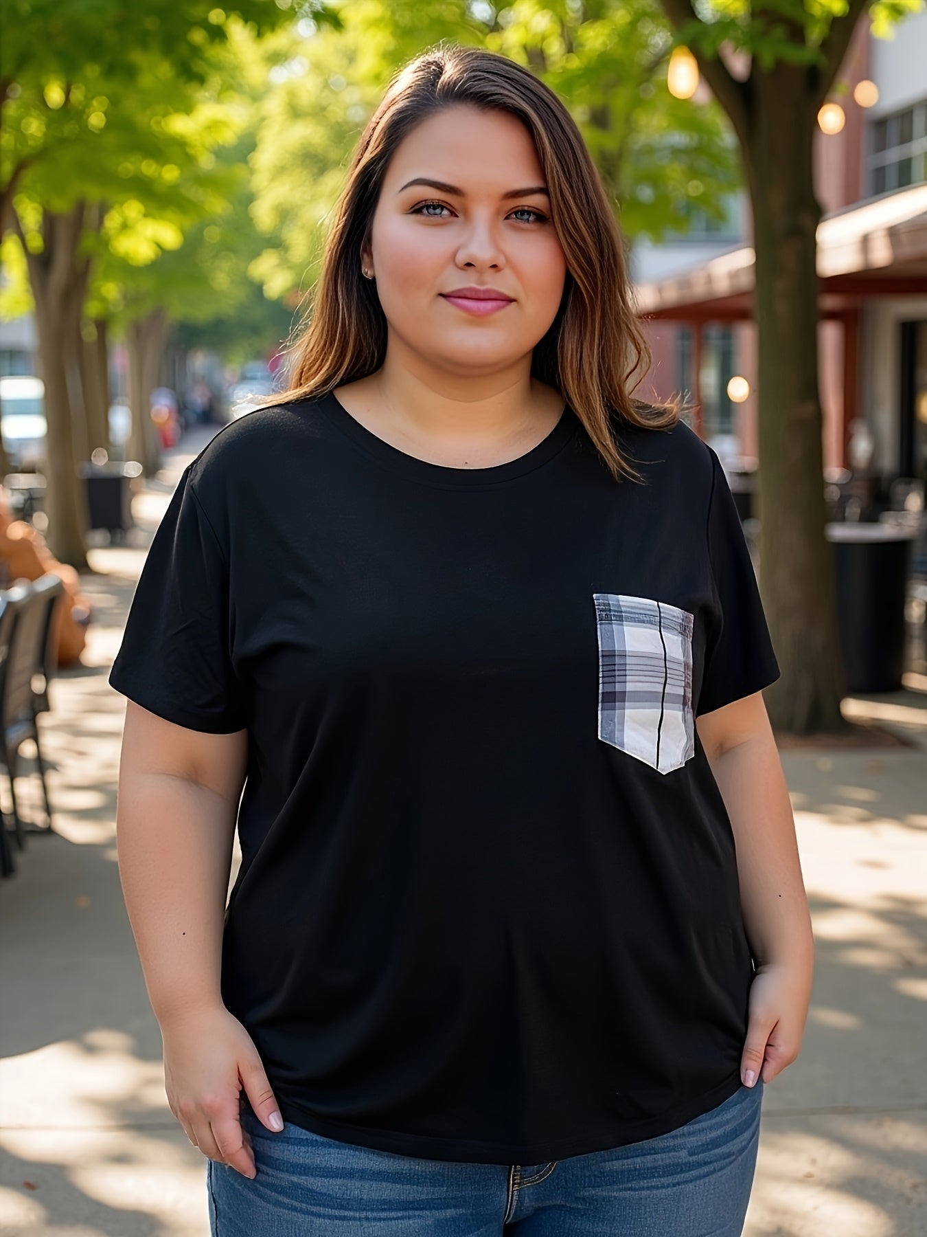 Black Top Plus Size Solid Color Short Sleeve Large Size Women'S Clothing Versatile Loose And Slim Printed Pocket T Sleeve