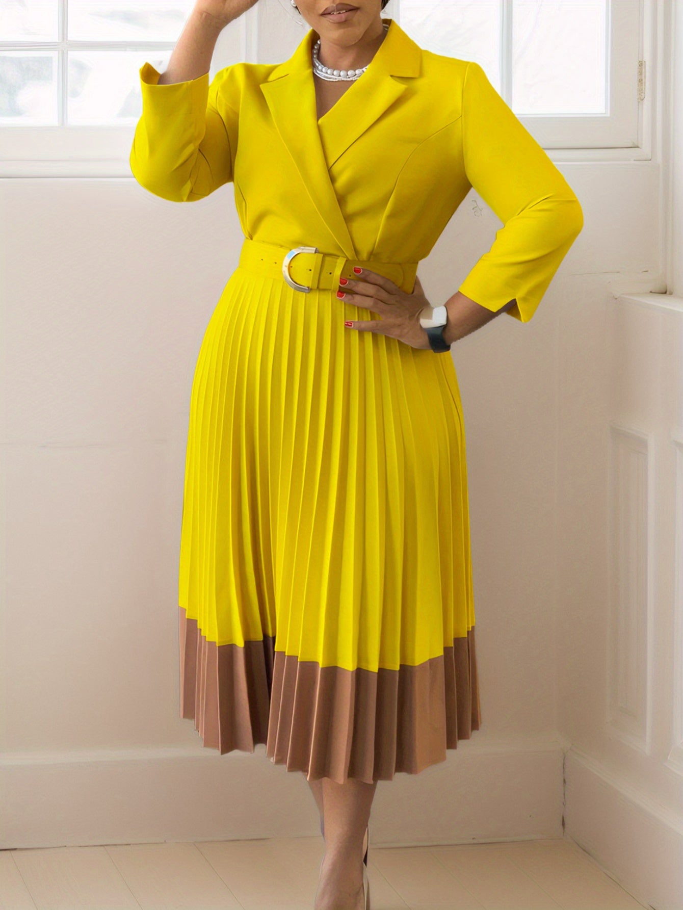 Autumn And Winter European And American Fashion Large-Size Women'S Clothing, Suit Collar Fashion OL Elegant Pleated Large-Size Dress