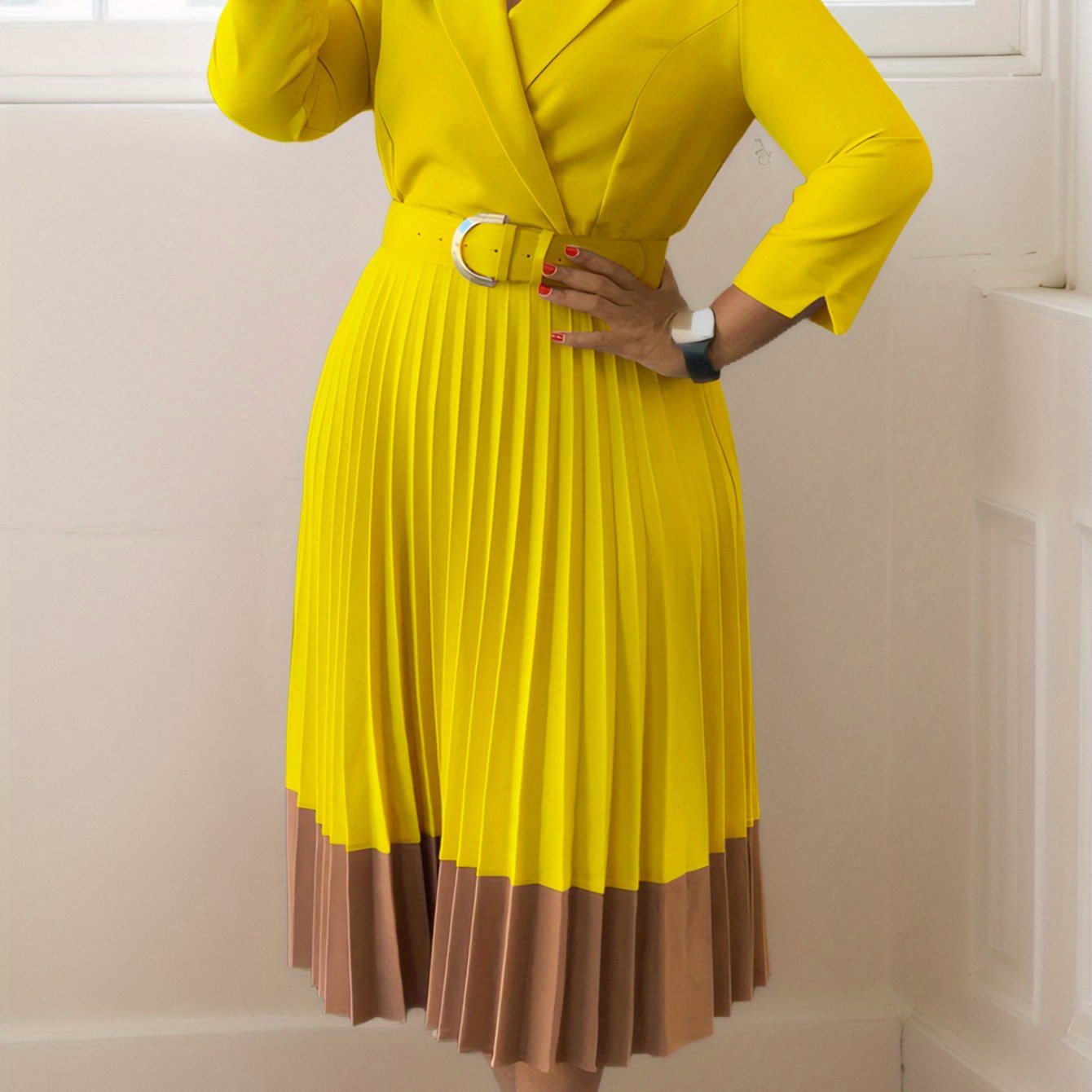 Autumn And Winter European And American Fashion Large-Size Women'S Clothing, Suit Collar Fashion OL Elegant Pleated Large-Size Dress